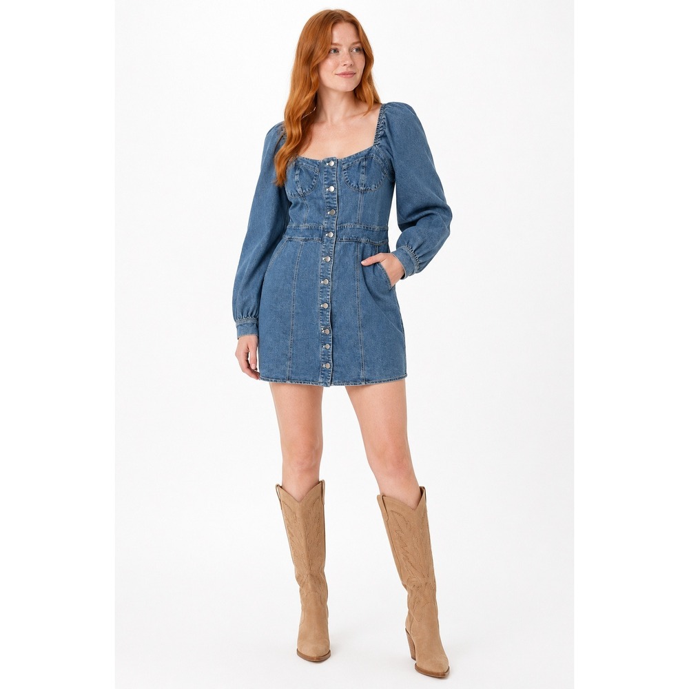 Y2K Denim Mini Dress M Square Neck Puff Sleeve Snap Front Smocked Emory Park‎